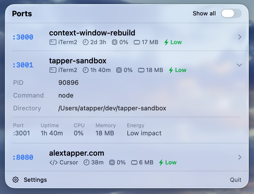 Ports app showing dev servers running on localhost